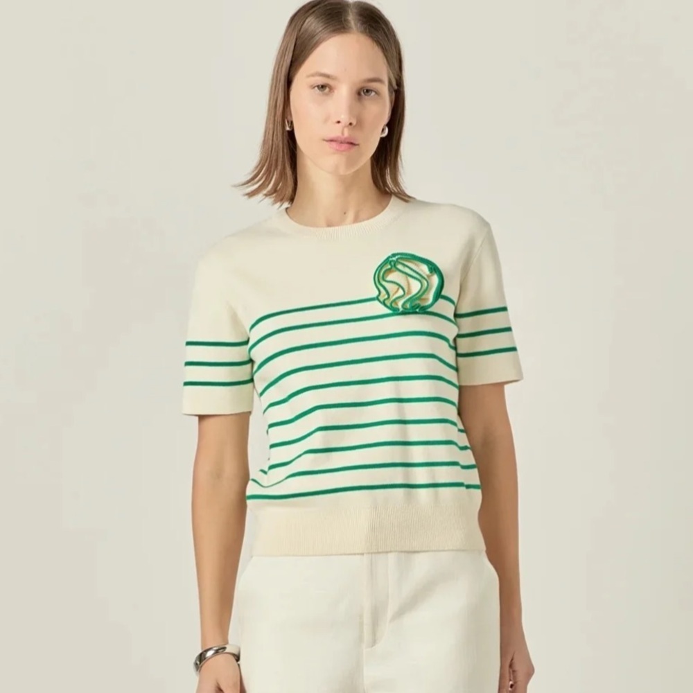English Factory Striped Knit Sweater with Flower Appliqué